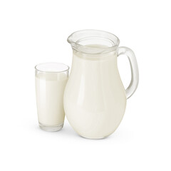 Glass and jug with milk isolated on white