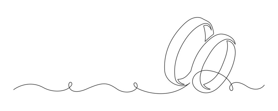 Two wedding rings in one continuous line drawing. Love and romantic concept and symbol proposal engagement for invitation in simple linear style. Editable stroke. Doodle outline vector illustration