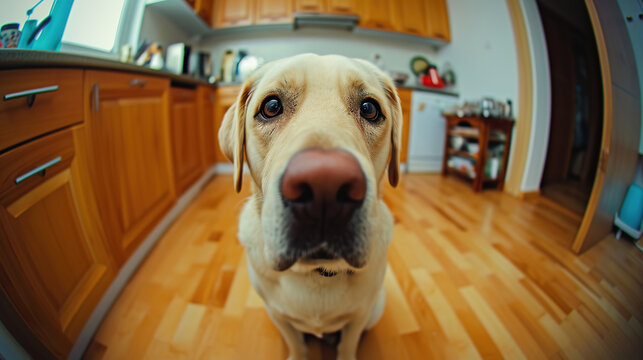 Fisheye View of Labador in Kitchen