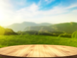 wooden table top with green tea plantation background