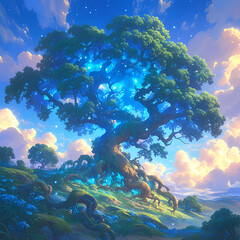 Stately Ancient Tree Surrounded by Enchanted Blue Energy Amidst Pastoral Clouds and Fields