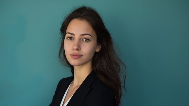 Confident Female Customer Wearing A Business Suit, Headshot On A Serene Blue Backdrop, Radiating Professional Competence.