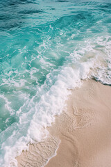 High angle view of beautiful turquoise waves crashing on a sandy beach, Generative AI