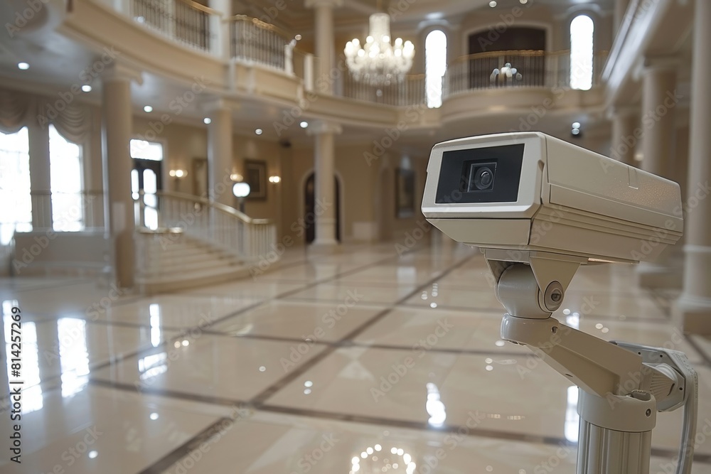 Poster elderly support technology in building security utilizes an alarm system with motion detection, biom