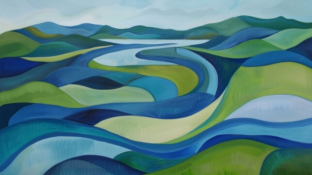 Abstract river landscape with winding waterways and soothing blues and greens