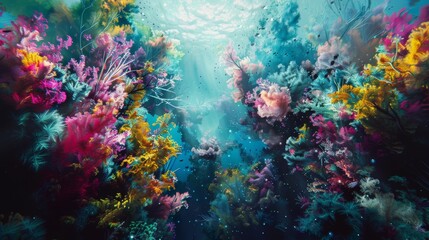 Abstract underwater world with coral reefs and vibrant blues and greens