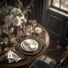 A meticulously arranged dining table exuding luxury and sophistication, ready for a memorable feast.