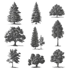 Realistic trees in black and white color,  