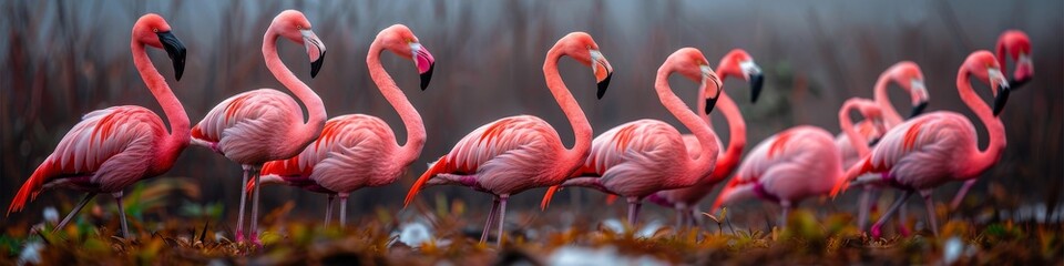 A beautiful flock of flamingos in a marshland landscape. 