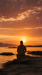 Man sitting on a rock watching the sunset. Generative AI