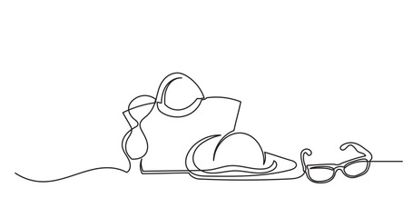 Single continuous line drawing of women's summer bag with beach accessories.beach bag, sun cream, towel, slippers’Beach hat, sunglasses with bikini.
