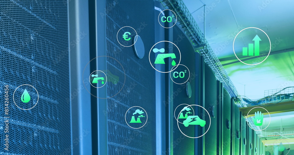 Aufkleber server racks displaying various environmental and economic data icons