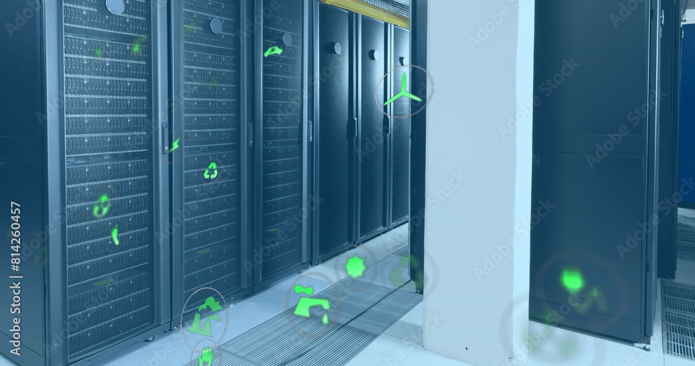 Poster image of icon in circles over data server racks in server room