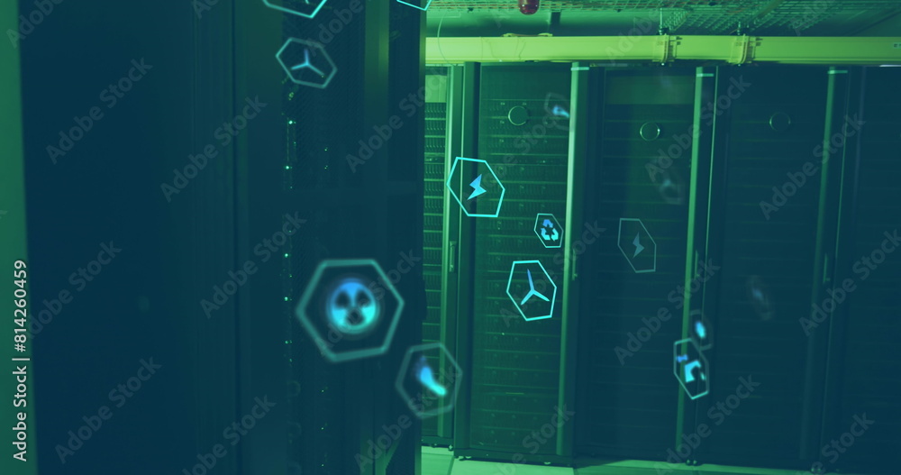 Poster image of icon in hexagons over data server racks in server room