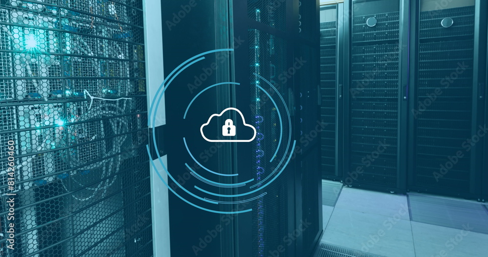 Poster image of padlock and cloud in loading circles over data server room