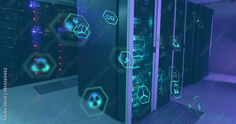 Poster image of icon in hexagons over data server racks in server room