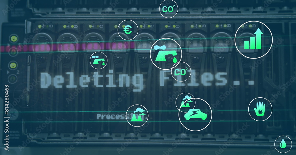 Poster image of icon in circles over back panel of data server system in server room