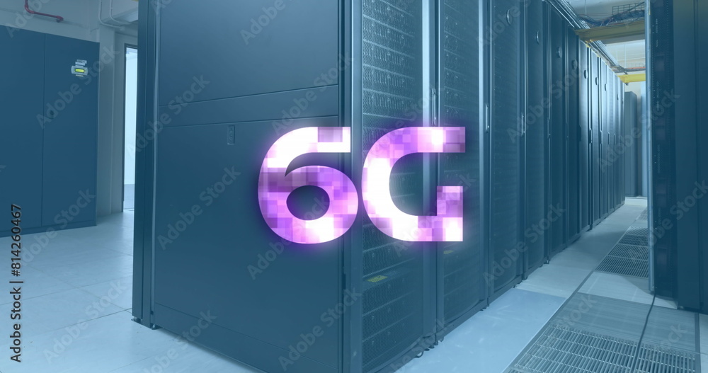 Poster image of 6g text over data server systems in server room