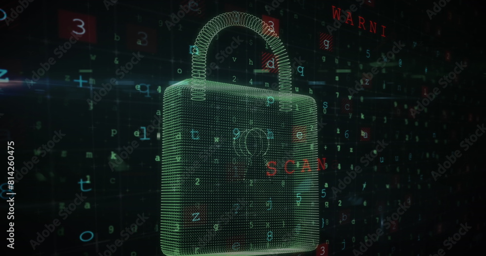 Poster image of padlock, texts, symbols, letters, number with computer language and navigation pattern