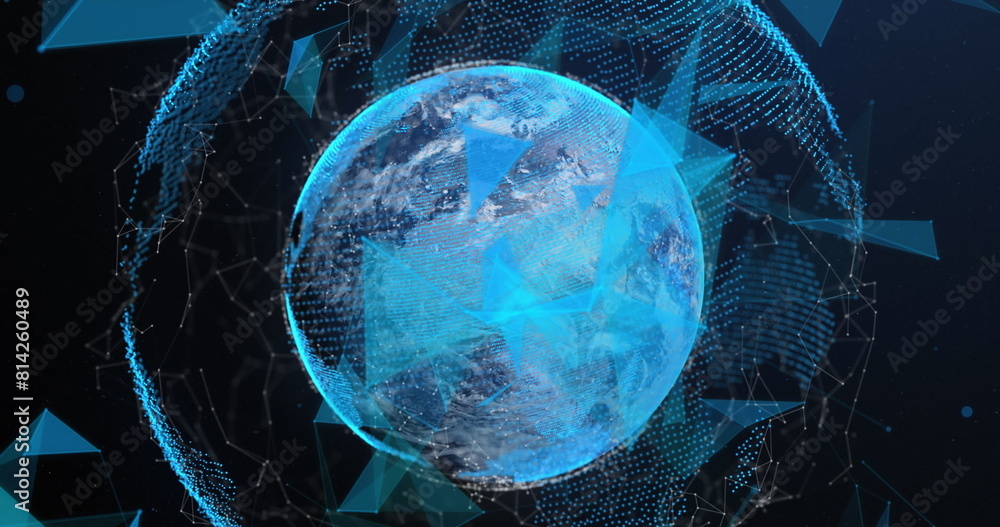 Poster image of triangles over connected dots around globe against abstract background
