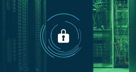 Image of padlock in loading circles over data server system in server room