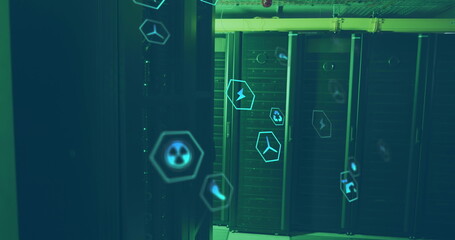 Image of icon in hexagons over data server racks in server room