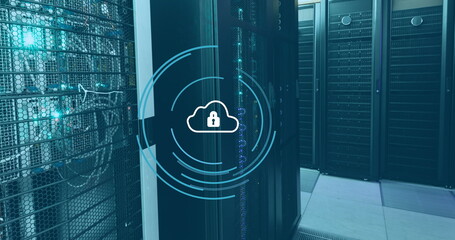 Image of padlock and cloud in loading circles over data server room