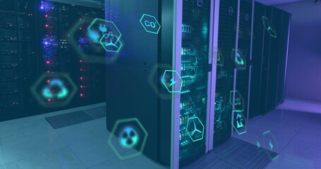 Image of icon in hexagons over data server racks in server room