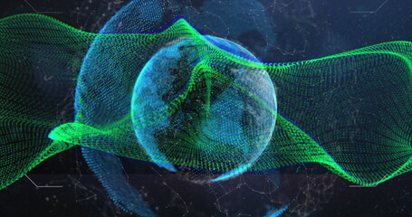 Image of dynamic waves, loading bars, computer language and globe over abstract background