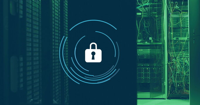 Image of padlock in loading circles over data server system in server room - Powered by Adobe