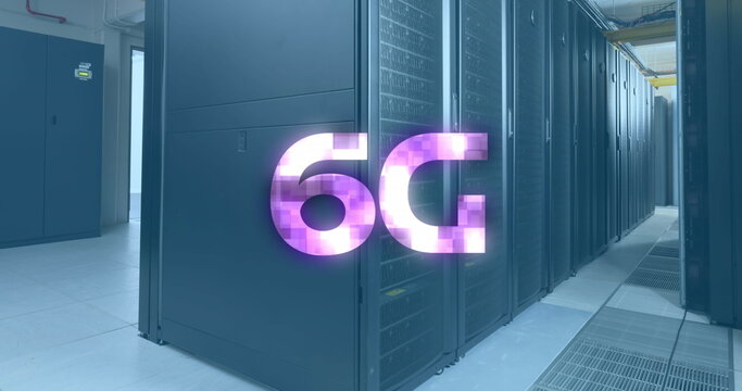 Image of 6g text over data server systems in server room