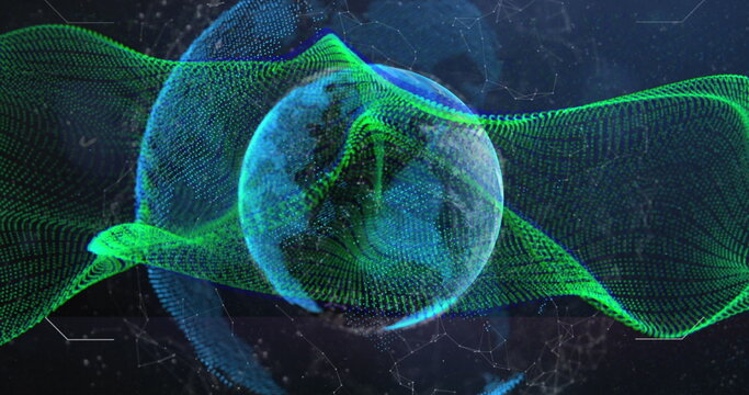 Image of dynamic waves, loading bars, computer language and globe over abstract background - Powered by Adobe