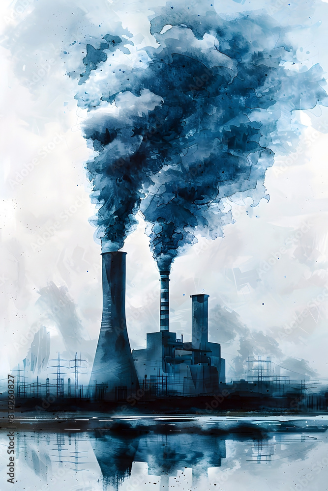 Poster Industrial Watercolor Landscape with Power Plant Smokestacks and Environmental Challenges