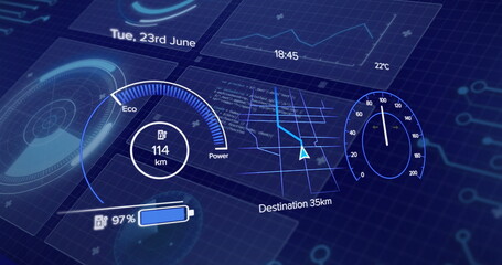 Image of car cockpit over data processing on blue background