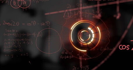 Image of moving circle and mathematical equations on black background