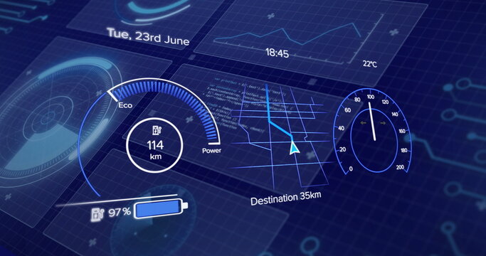 Image of car cockpit over data processing on blue background - Powered by Adobe