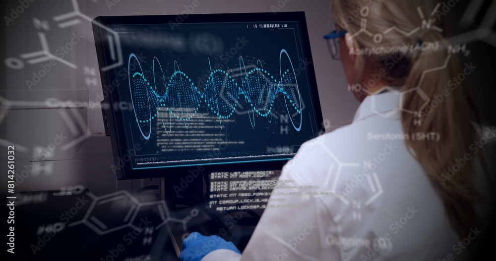 Poster image of scientific data over caucasian female lab worker using computer