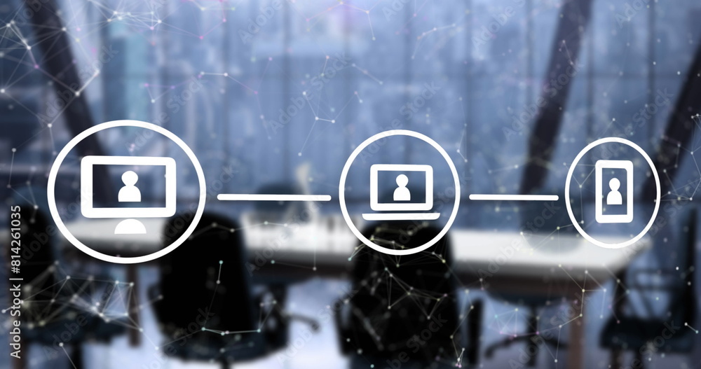 Poster image of network of connections with icons over empty office