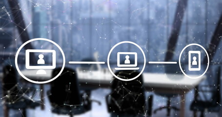 Image of network of connections with icons over empty office