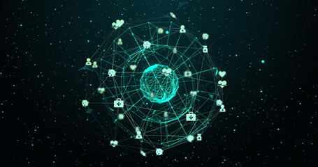 Image of network of connections with icons over globe on black background