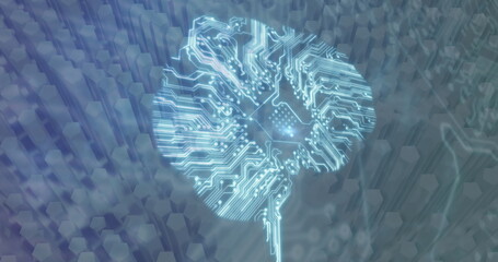 Image of brain with computer circuit board over moving shapes