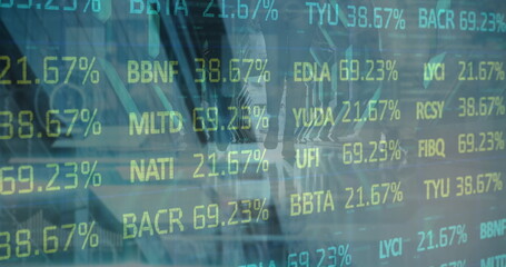 Image of financial data processing over cityscape