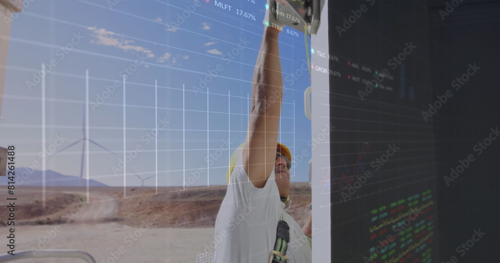 Poster image of financial data processing over caucasian engineer and wind turbine
