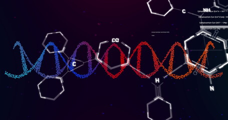 Image of dna strand spinning over chemical structures