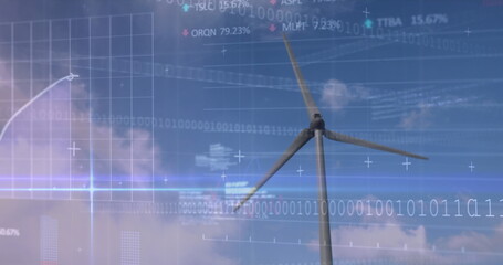 Image of financial data processing and binary coding over wind turbine