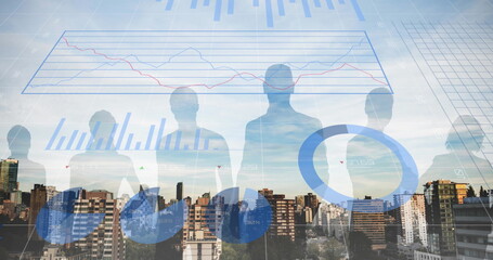 Image of financial graphs and people silhouettes over cityscape