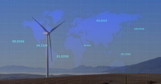 Image of financial data processing over world map and wind turbine