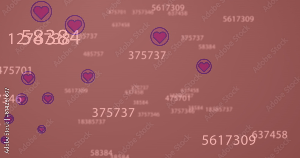 Aufkleber image of multiple heart icons and changing numbers floating against pink background