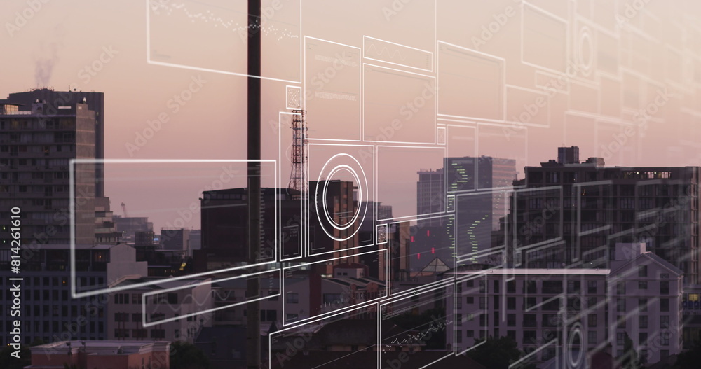 Poster image of interface with data processing against aerial view of cityscape