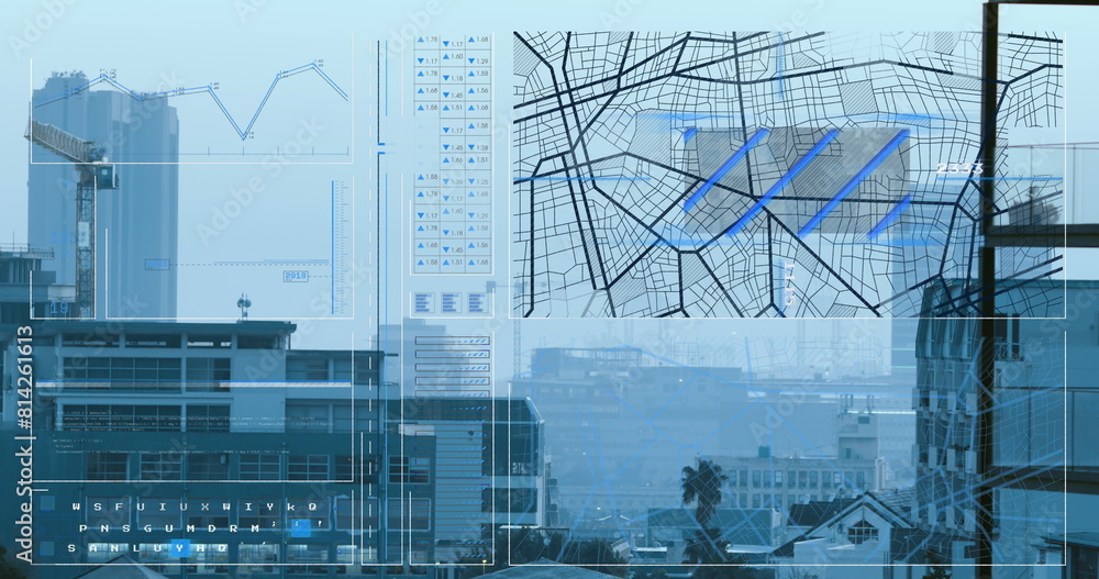 Poster image of interface with data processing against aerial view of cityscape